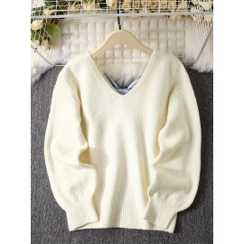 [Cozy Sweater] Cozy Long Sleeve V-Neck Sweater with Back Bow Detail | Women's Light Gray Polyester Blend Casual Fall/Winter Top, Machine Washable