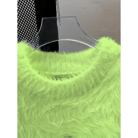 Korean Style Round Neck Sweater with Lazy Casual Metal Design Warm Faux Fur Pullover