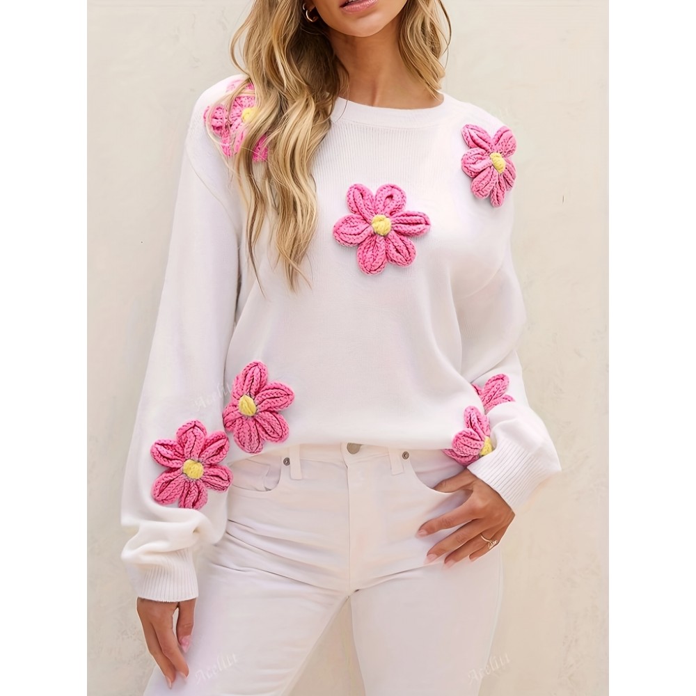 [Elegant Sweater] Valentine's Day Elegant Long Sleeve Crew Neck Sweater | Solid Color, Cute Flower Decorations, Women's Fashion - All Seasons