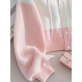 Niannian Women'S Elegant Striped Cardigan - Pink & White Contrast, Button-Front Design, Loose Fit Short Sleeve, Lightweight Fall/Winter Coat for Casual or Chic Outfits, Cute Sweater, Fall Winter Apparel, Chic Cardigan, Soft Texture