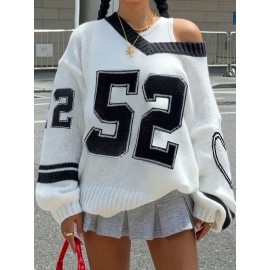 Women'S Elegant V-Neck Sweater with Heart Print - Casual Off-Shoulder Pullover, Black & White, Long Sleeve, Ribbed, Perfect for Office, College, or Casual Attire, Casual Attire Sweater | Offshoulder Fashion | Ribbed Texture