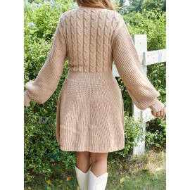 1pc Elegant French-Inspired Acrylic Knit Fabric A-Line Sweater Dress with Solid Color and Crew Neck Design