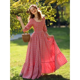 French Vintage Square Neck Puff Sleeve Dress for Women, Pink Plaid Maxi Swing Skirt in Country Style - Perfect for Holiday Getaways, Picnics and Parties