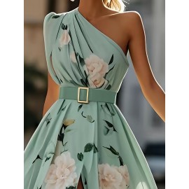 Women'S Elegant Floral maxi dress - One Shoulder Formal & casual party, Wedding Guest Gown - Lightweight Chiffon A-Line Dress with Flowy Train - Spring/Summer/Fall Evening Outfits - LL168, Spring Fashion, Asymmetrical Hemline, Delicate Detailing