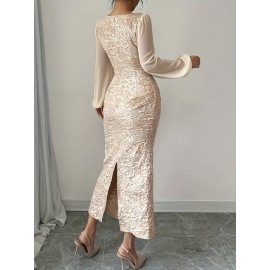 Elegant Long Sleeve Beaded Square Neck Dress - Chic Floral Pattern, High-Low Hem, Stretchy Polyester Blend, Perfect for Spring/Summer, Women'S Fashion, Cute Dress