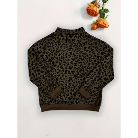 Women'S Stylish Leopard Print Sweatshirt with Front Zipper - Casual Long Sleeve Pullover, Brown & Gray Animal Print Design, Soft Polyester Fabric, Perfect for Spring & Fall