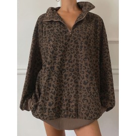 Women'S Stylish Leopard Print Sweatshirt with Front Zipper - Casual Long Sleeve Pullover, Brown & Gray Animal Print Design, Soft Polyester Fabric, Perfect for Spring & Fall