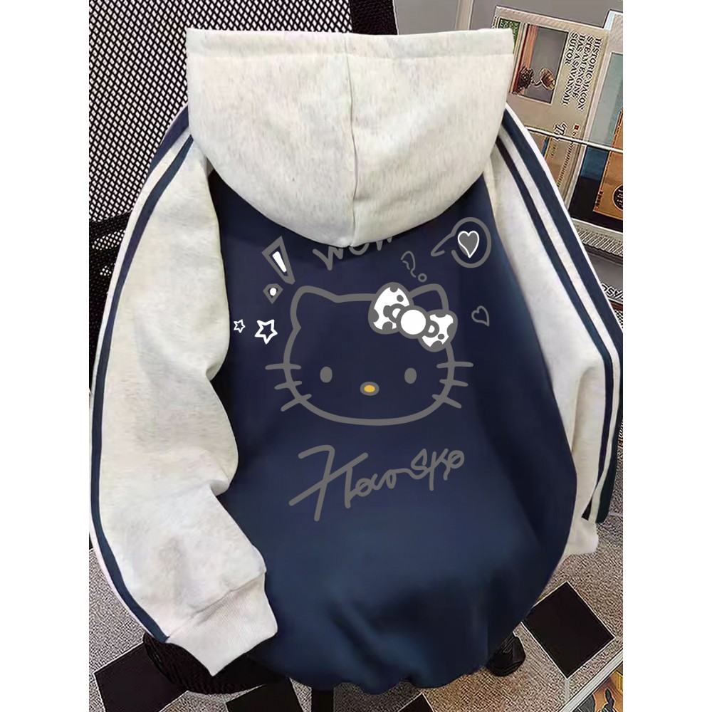 Women'S Autumn/Winter New American Sanrio for hello kitty Cute Print Long Sleeve Hooded Fleece-Lined Sweatshirt with Color Block Design, Loose Fit Casual Fashionable Trendy Pullover Top