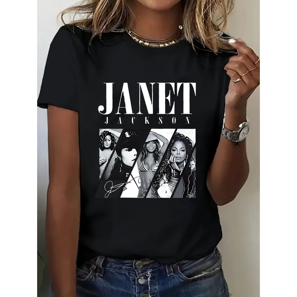 1pc Women's Janet Jackson Graphic T-Shirt - Black Casual Short Sleeve Tee with Iconic Signature & Pose Design, Soft Round Neck, Machine Washable, Birthday Gift for Women & Teens, Everyday Casual Wear