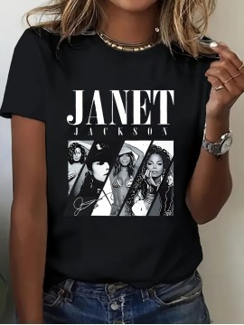 1pc Women's Janet Jackson Graphic T-Shirt - Black Casual Short Sleeve Tee with Iconic Signature & Pose Design, Soft Round Neck, Machine Washable, Birthday Gift for Women & Teens, Everyday Casual Wear