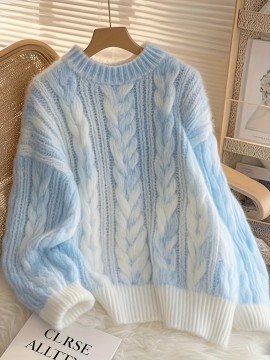 New Thickened Twisted Long Sleeve Sweater for Women in Lazy Style Blue Top