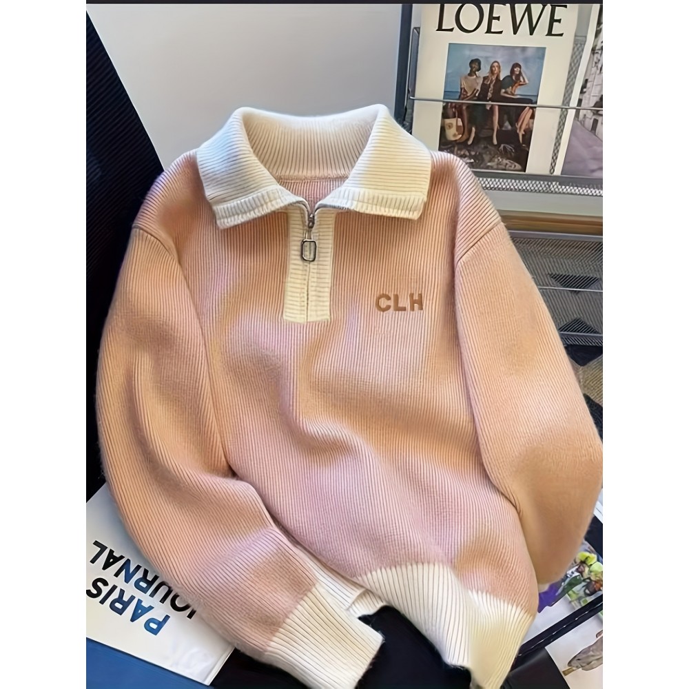Women's Elegant Collar Zip-Up Sweater - Soft Long Sleeve Letter Detail Pullover, Cozy Fall Winter Machine Washable Casual Chic Tops, Cute Sweaters, Autumn Apparel, Subtle Color Contrast