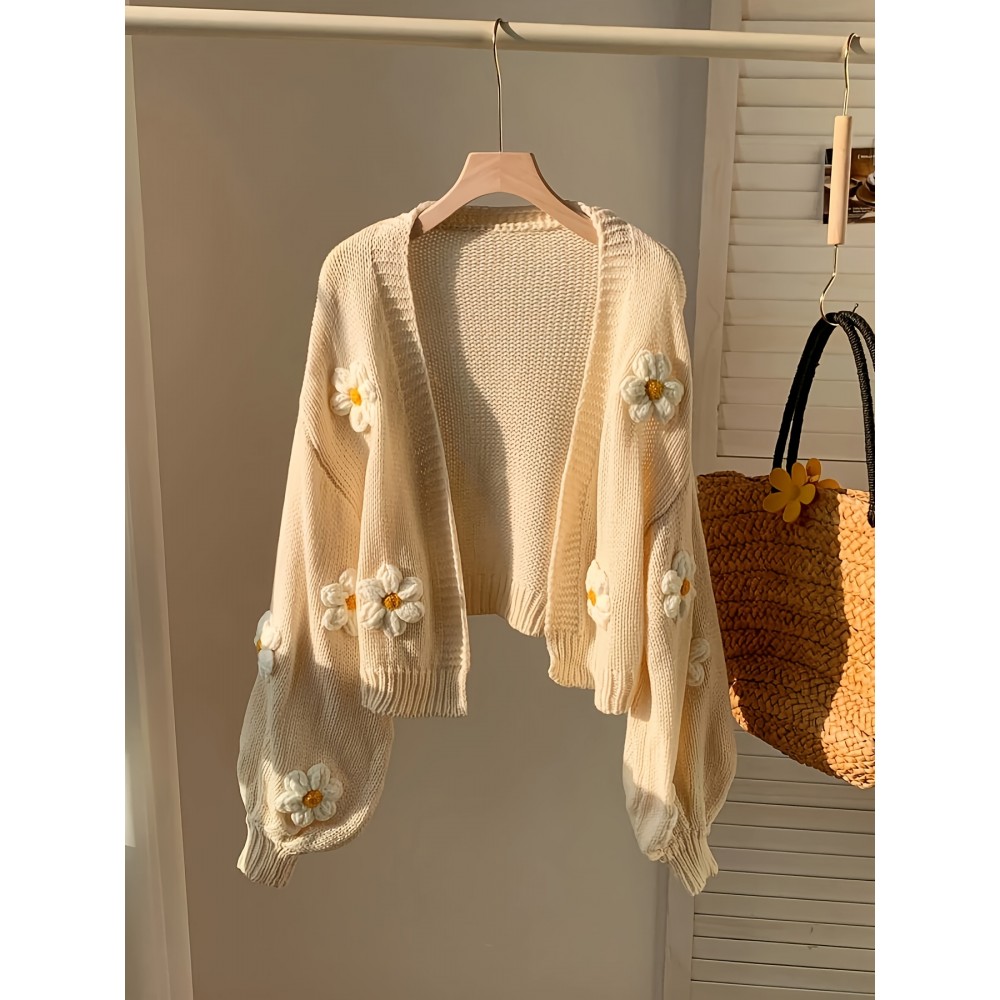 [Floral Cardigan for Women] Floral Pattern Women's Beige Cardigan - Long Sleeve Sweater with Round Neck for Spring/Fall Layering | Everyday & Formal Outfits, Lightweight Fabric, Textured Knitwear, Durable Knitwear, Office Wear, Fall Wardrobe