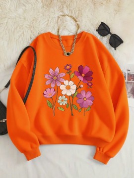 Women's Floral Print Crew Neck Sweatshirt - Pink with Multicolor Flower Design, All-Season Casual Pullover, Soft Machine-Washable Fabric, Cozy Everyday Sweater for Women (No Dry Clean)