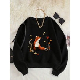 Women'S Cozy Crew Neck Sweatshirt with Vibrant Fox & Floral Print - Casual Long Sleeve Pullover for Fall & Winter, Soft Polyester Blend, Machine Washable, Allseason Apparel | Vibrant Print Top | Polyester Blend, Fox Sweatshirt