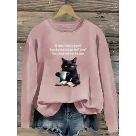 Women'S Casual Crew Neck Sweatshirt with Cat & Book Quote, 100% Polyester Knit Fabric, Animal Pattern, All-Season Lightweight 260gsm - Fall & Spring Fashion Top