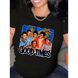 Women's Vintage Graphic T-Shirt - Retro Good Times Text & Group Photo Print Tee - Bright Orange Casual Summer Shirt - Lightweight Everyday Streetwear Top for Women, Relaxed Weekend Wear, Bold Typography Design, Easy Care Clothing, Fashion Enthusiasts