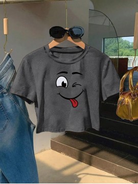 Women's Sexy Slim Fit Cropped T-Shirt - Dark Green joyful Face Tee, Machine Washable Casual Summer Top for Everyday Outfits & Parties, Ladies T Shirts, Weekend Fashion, Trendy Tee, Soft Texture, Short Sleeve Shirt, Fashion Lovers