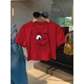 Women's Sexy Slim Fit Cropped T-Shirt - Dark Green joyful Face Tee, Machine Washable Casual Summer Top for Everyday Outfits & Parties, Ladies T Shirts, Weekend Fashion, Trendy Tee, Soft Texture, Short Sleeve Shirt, Fashion Lovers