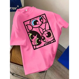 Women'S Y2K Graphic Tee - Cute Cartoon Character Design, 100% Polyester Casual Summer T-Shirt, Loose Fit, Easy Care, Vibrant Yellow with Black Outlines, Perfect for Casual Attire