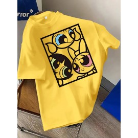 Women'S Y2K Graphic Tee - Cute Cartoon Character Design, 100% Polyester Casual Summer T-Shirt, Loose Fit, Easy Care, Vibrant Yellow with Black Outlines, Perfect for Casual Attire